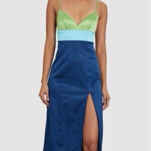 STAUD Ellis Colorblock Satin Blue and Green Slip Dress Size US12 NWT - Picture 4 of 11